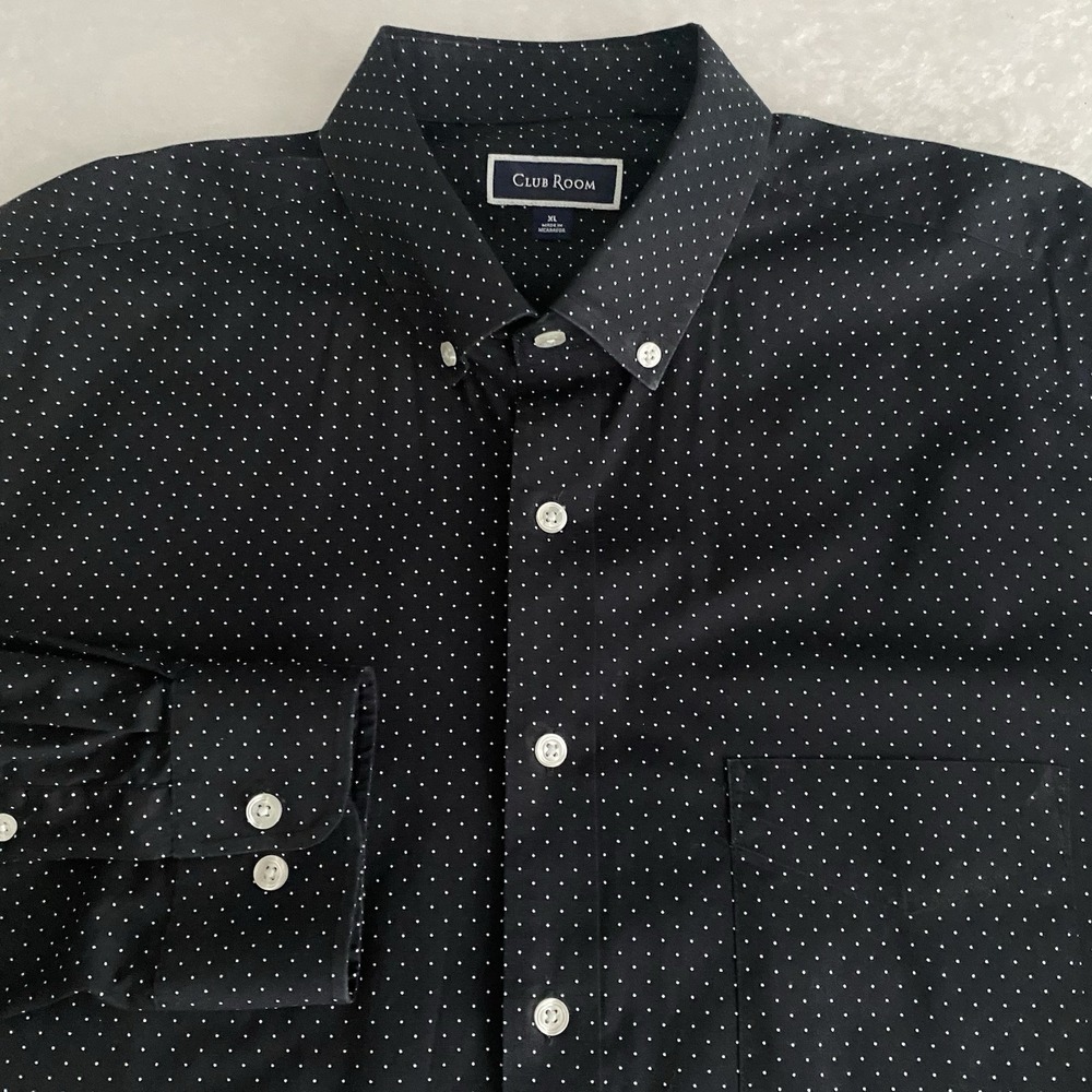 Club Room Shirt Men's XL Black w/White Dots Regular Fit Stretch